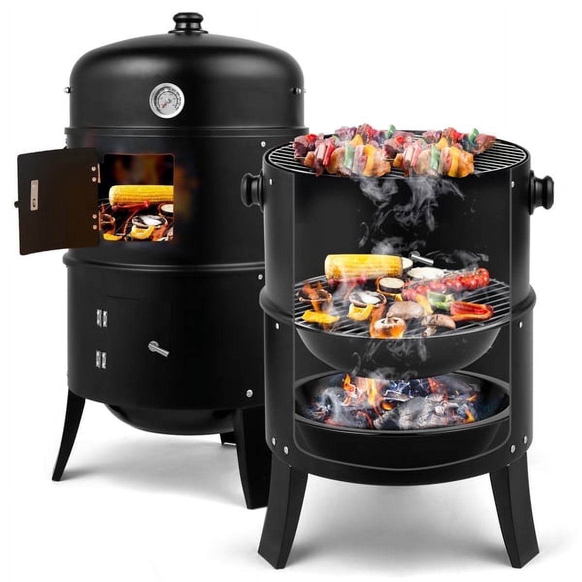 YDLW 3-in-1 Vertical Charcoal Smoker Portable BBQ Smoker Grill with Detachable 2 Layer,Black