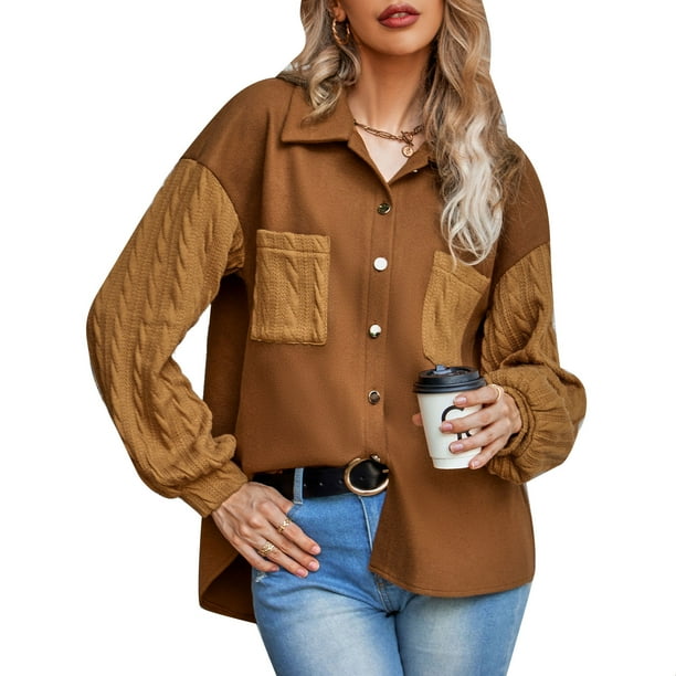 Women Turn Down Collar Button Up Fleece Jacket Cable Knit Long Puff Sleeve Chest Pocket Outwear Coat Caramel S Walmart