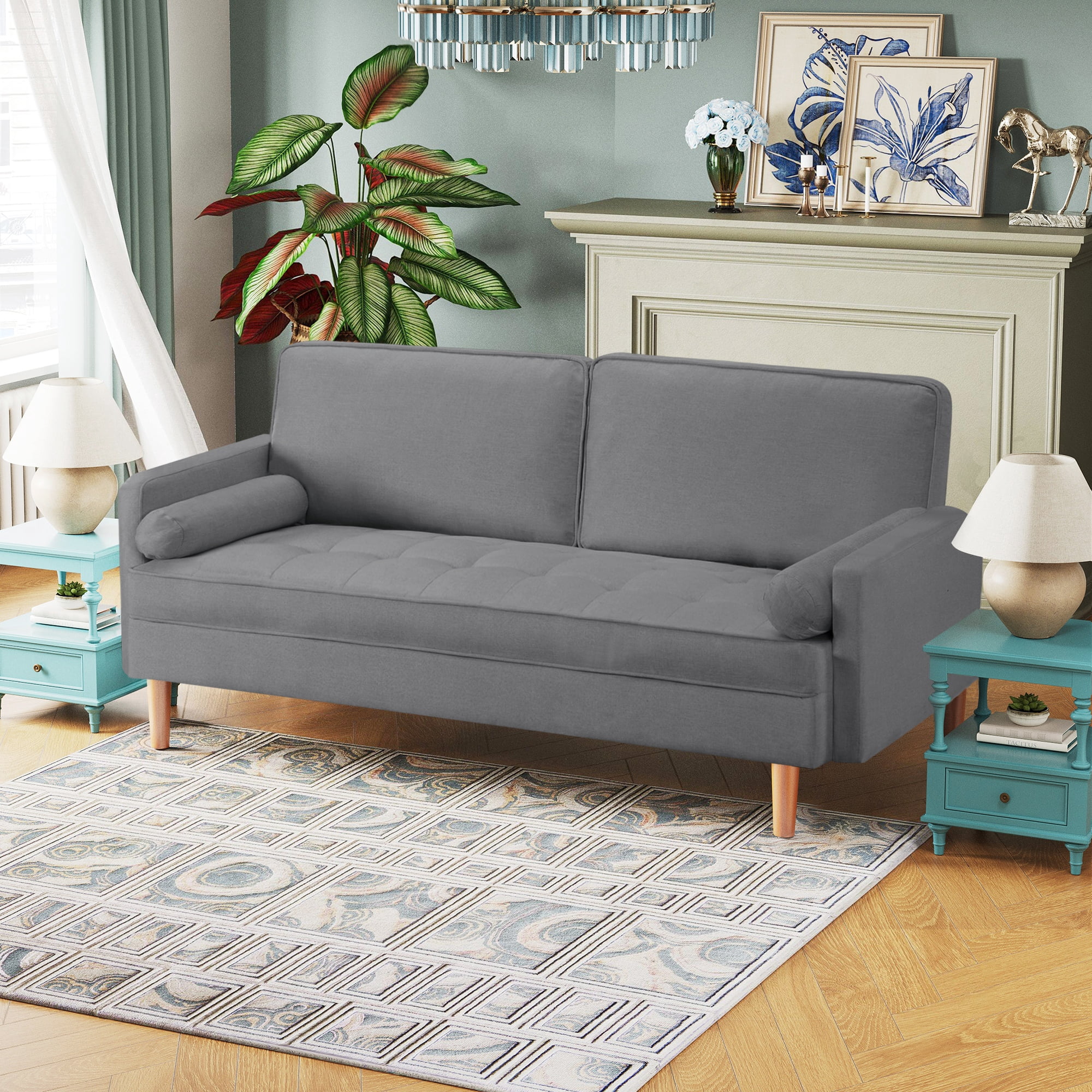 70" Modern Loveseat Sofa Couch,Mid-Century Velvet Upholstered Small Love Seat Couch with 2 Pillows for Compact Space,Living Room,Apartment,Grey