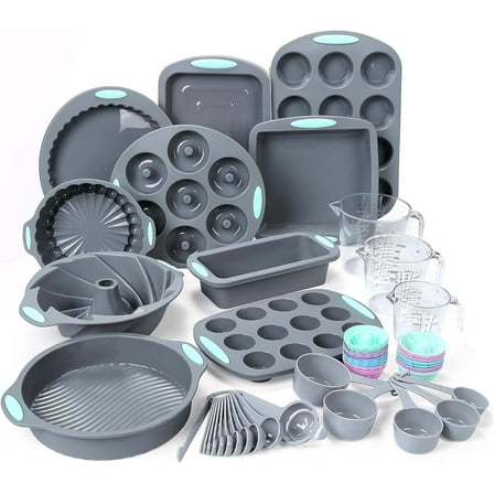 54 Pieces Silicone Baking Pans Set, 10 Silicone Cake Molds, Loaf Pan and Muffin Pans, Non-Stick Baking Cup, with Measuring Cups and Spoons Set, Grey