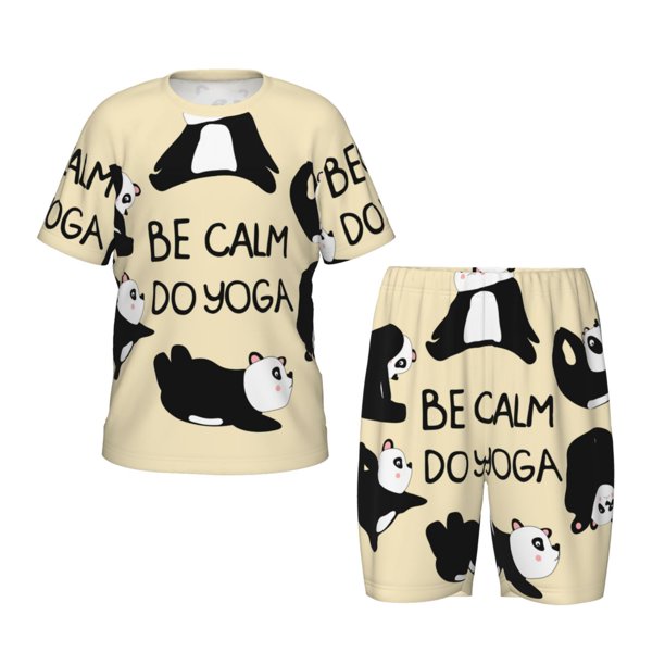 Fotbe Panda Doing Yoga Pijama Estampada de 2 Piezas para Niños – Ropa de Dormir de Manga Corta Cómoda para Niños y Niñas, Camiseta y Shorts de Algodón-Medium
