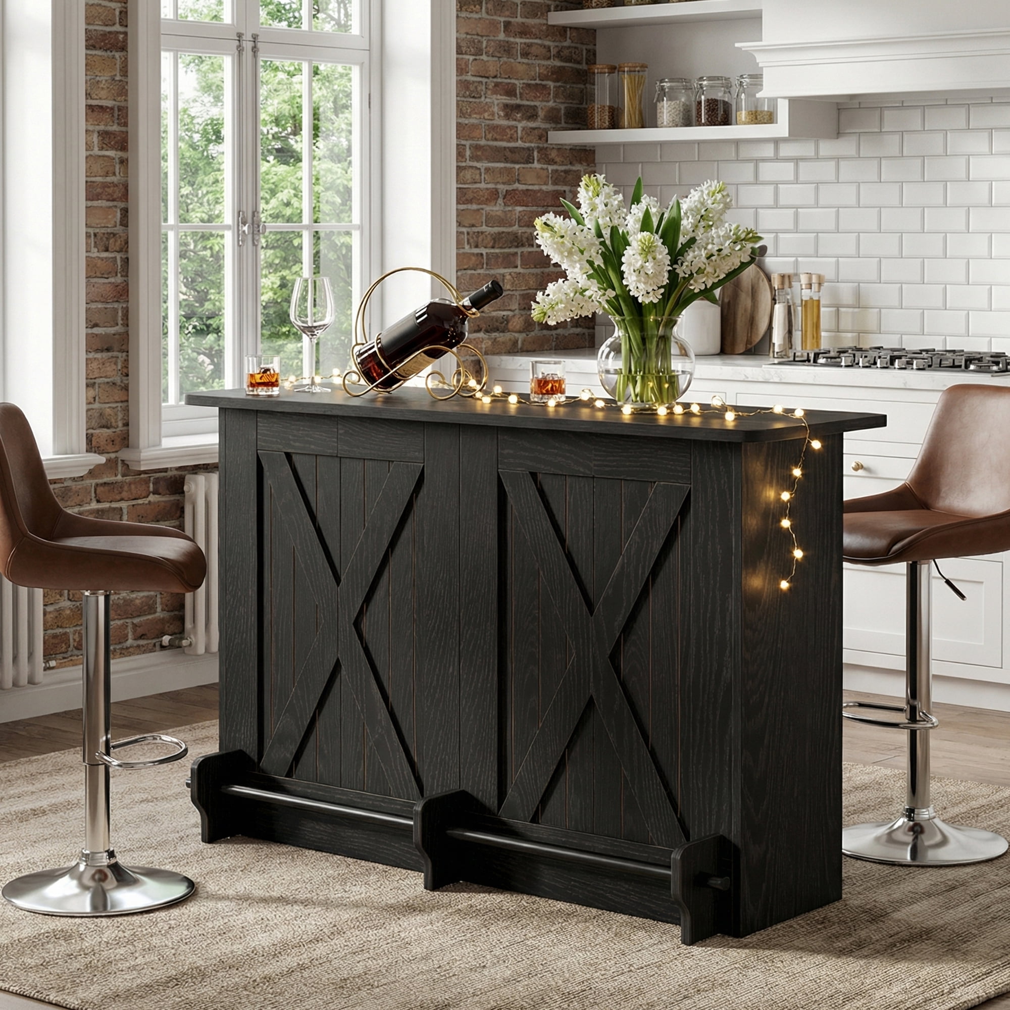 MAYEERTY 63 Inch 2 Tier Home Bar Unit, Industrial Bar Table Coffee Cabinet with Footrest, Adjustable Leg Pads for Home Party Wine Storage