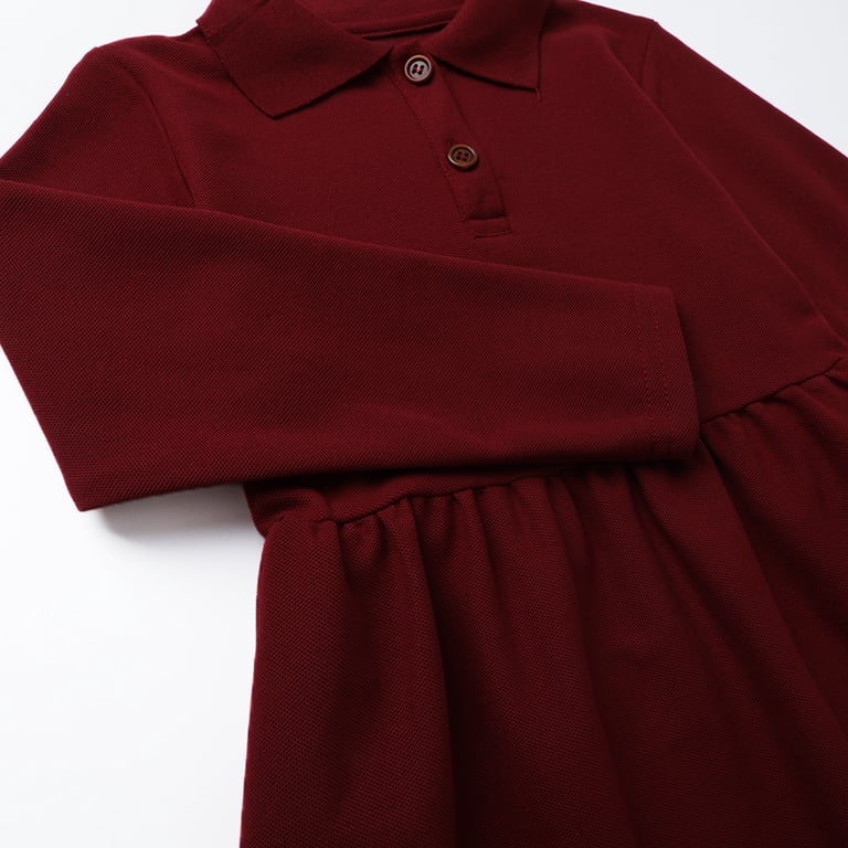 Hileelang 4-13y Girls Long Sleeve Polo Dress School Uniform Dress with Pockets Cotton Blend Pique Collared Dress Burgundy,10-11Y, Girl's, Size: 10-11T
