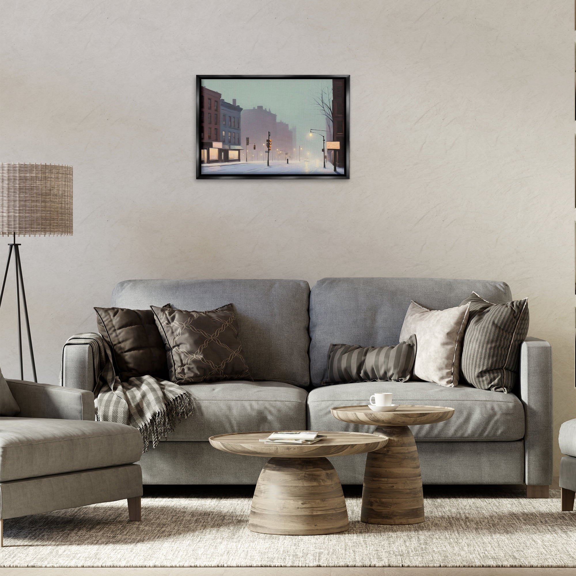 Stupell Industries Foggy City Street Scenic & Cityscapes Painting Black Floater Framed Canvas Art Print Wall Art, 25 x 17