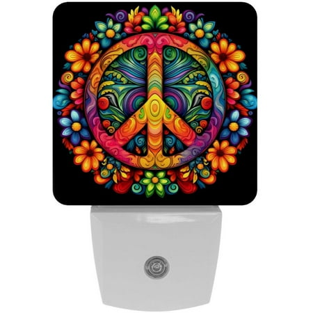 

Plug-in Night Lights Set Of 2 Colorful Flowers Peace Symbol Automatic Dusk-To-Dawn Sensor LED Nightlights Home Decorative Lamp For Kids Teens Girls Boys Adults