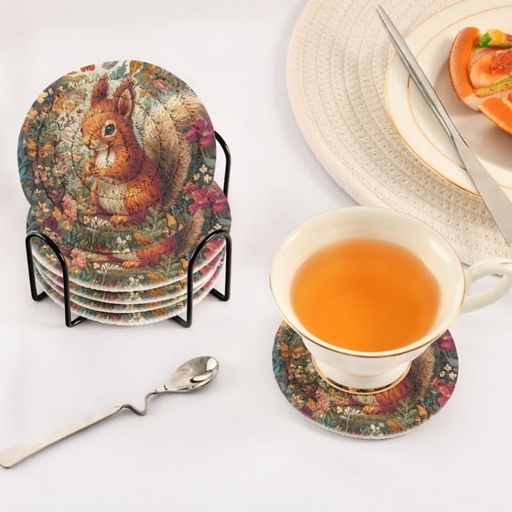 BZSMCE 6Pcs Drink Coasters With Holder 3.94Inch Squirrel Surrounded by Flowers Creative Coil Coaster Coasters Colors Absorbent Coasters for Drinks Coasters Set Thicken Heat for Home Table