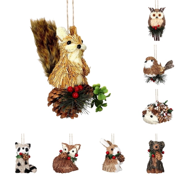 8 Pack Woodland Animal Christmas Ornaments, Rustic Sisal Straw Forest Friends With Pinecone Berry, Farmhouse Hanging Decor For Christmas Tree Wreath Garland Holiday Decoration