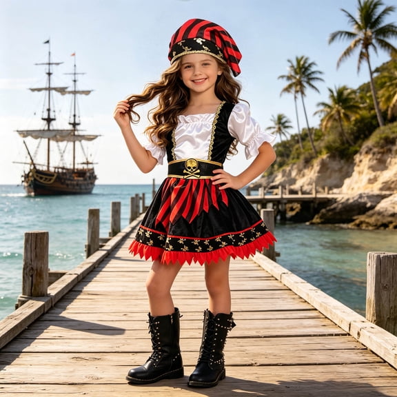 Pandaie Girls Pirate Themed Headscarf Dress Set Ruffle Trim Skirts Outfit 5T 6T 7T 8T Halloween Party Costume Red,7-8 Years