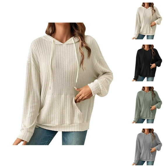 Sweater Hoodies for Women 2025 Long Sleeve Ribbed Knit Hoodie Sweater with Pockets Hooded Sweatshirt Pullover Tops