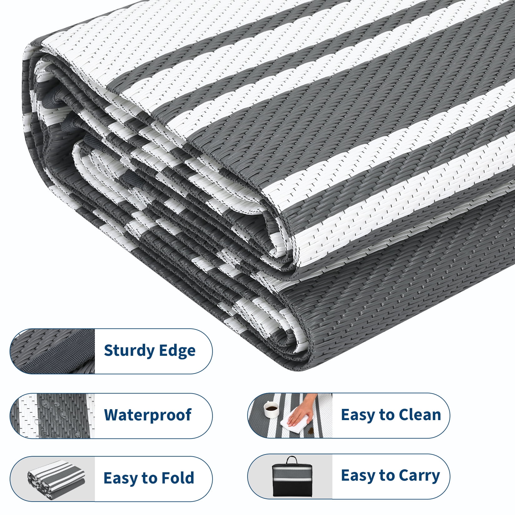 HIWEAVER 9' x 18' Gray Outdoor Rug PP Plastic Straw Woven Waterproof Patio Rug with Border Portable Outside Carpet for Balcony Deck Picnic Garden Decor