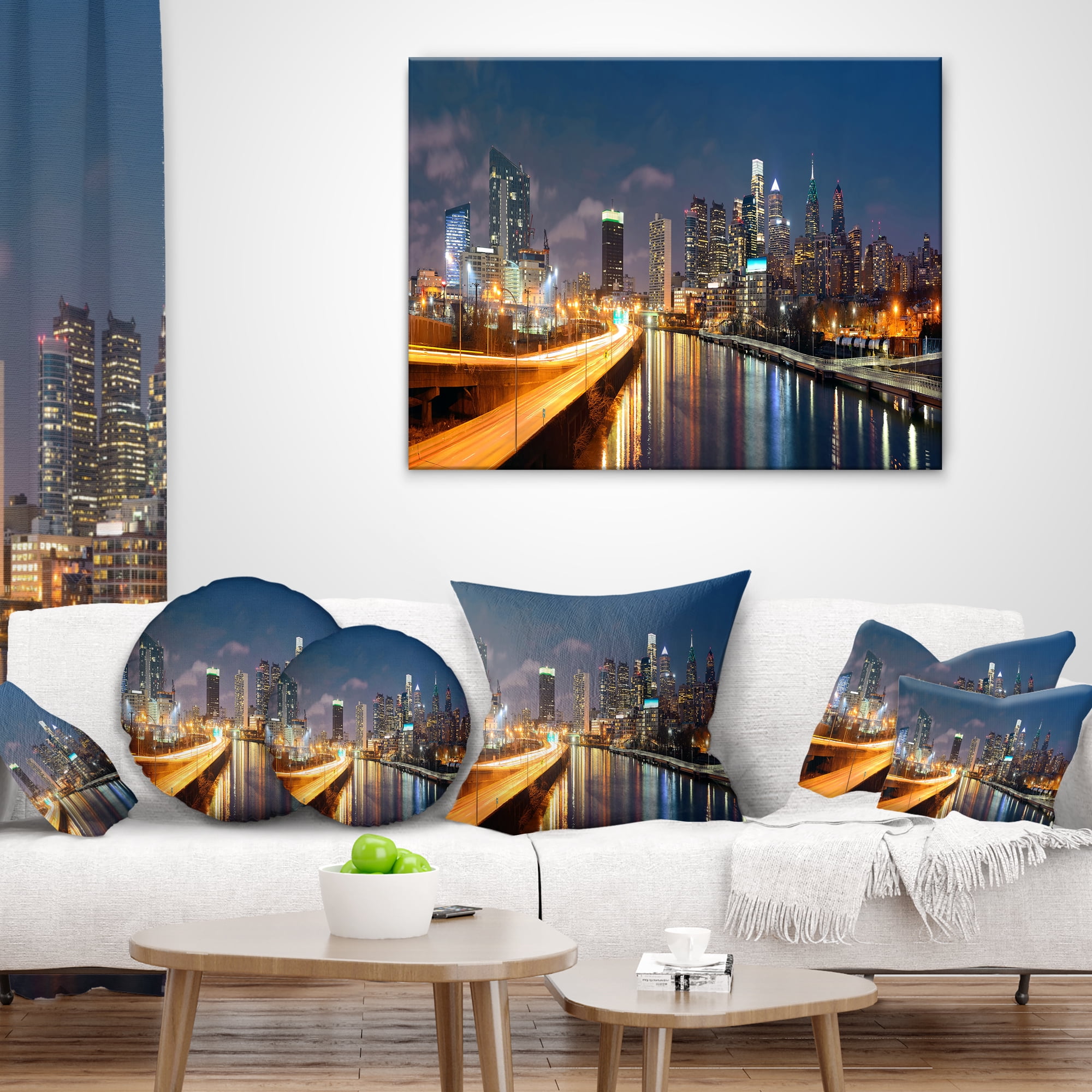 Designart Philadelphia Skyline at Night - Cityscape Throw Pillow - 16x16