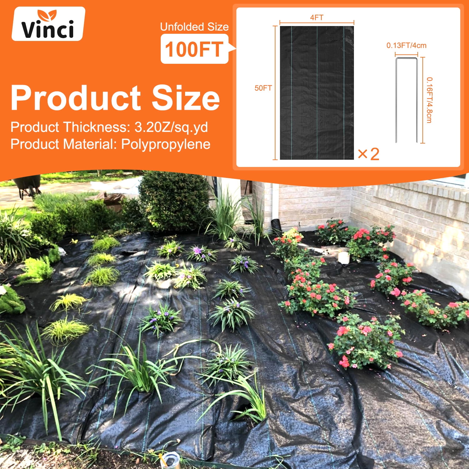 Vinci 4FT x 100FT Weed Barrier Fabric Heavy Duty Landscape Fabric for Garden Beds, Lawn, Pathways, Driveways & Ground Cover