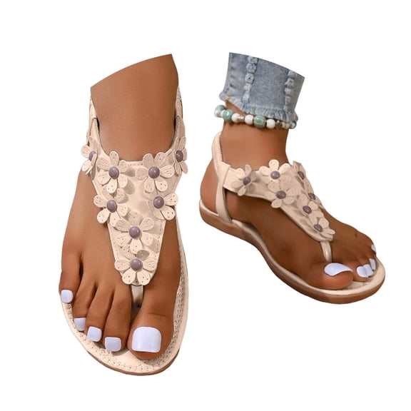 Mepaouo Thong Flat Sandals for Women Casual T-Strap Dress Slip on Shoes Elastic Band Flip Flops Beige 5.5