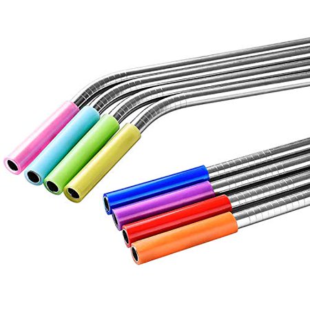 2 Sets of 8pc Stainless Steel Reusable Straws with Silicone Tips for Tumblers Mugs Soda | Eco Friendly | Cleaning Brush Included