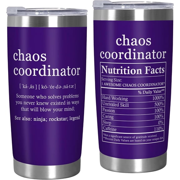 Chaos Coordinator 20oz Travel Tumbler, Funny Slogan Stainless Steel Coffee Cup, Novelty Gift for Women Mom Teachers Office Staff