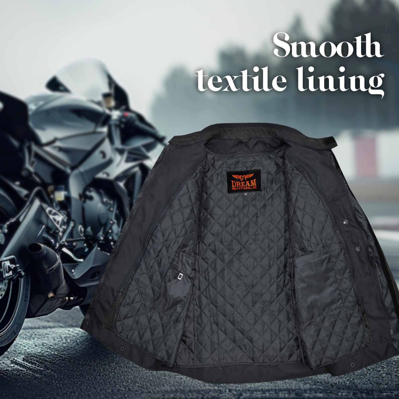 Dream Apparel Mens Motorcycle jacket Black, Armored Protective Round Neck & Air Vents