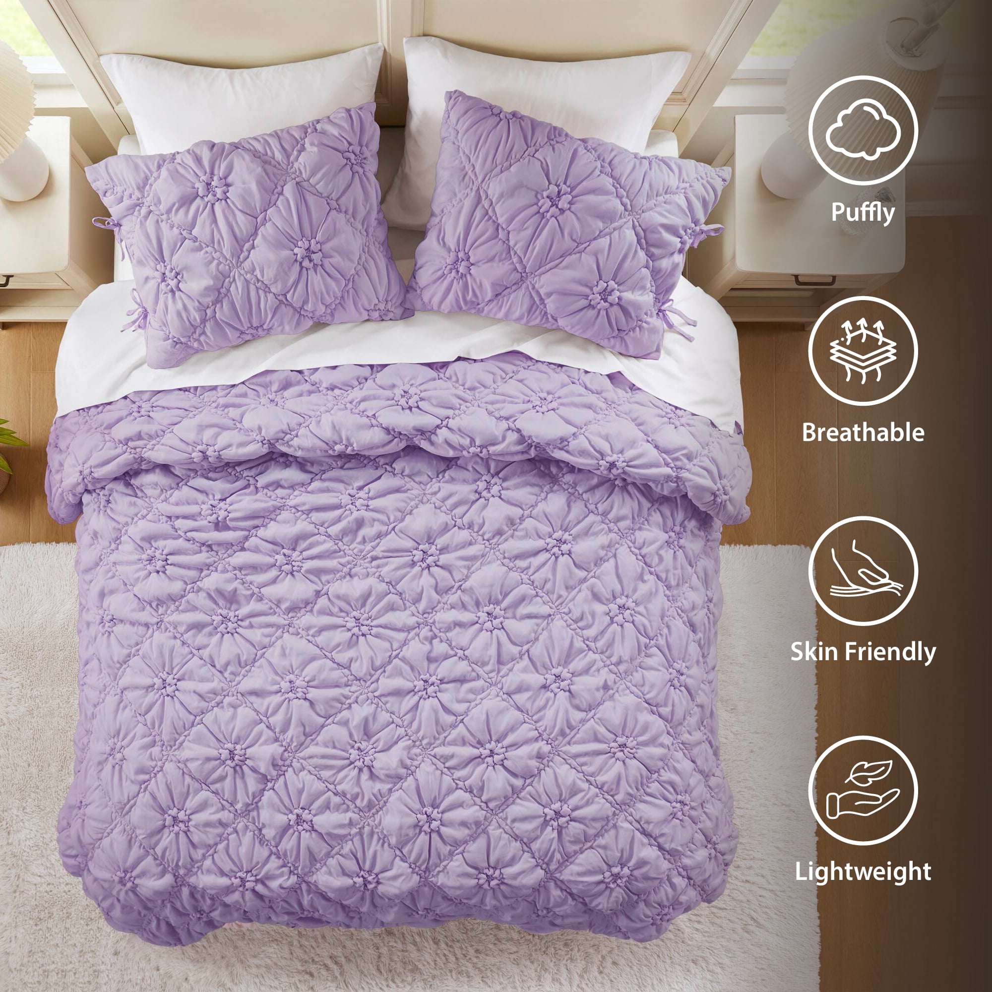 Regency Heights King Textured Floral Comforter Set, Puffy Bow Tie Dorm Bedding Sets, 3-Piece Purple Elastic Ruching Comforter Bed Set with Sham for All Season