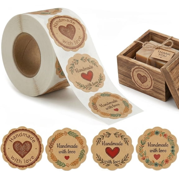 Handmade with Love Kraft Stickers, 500 Count, 1.5 Inch, 4 Designs