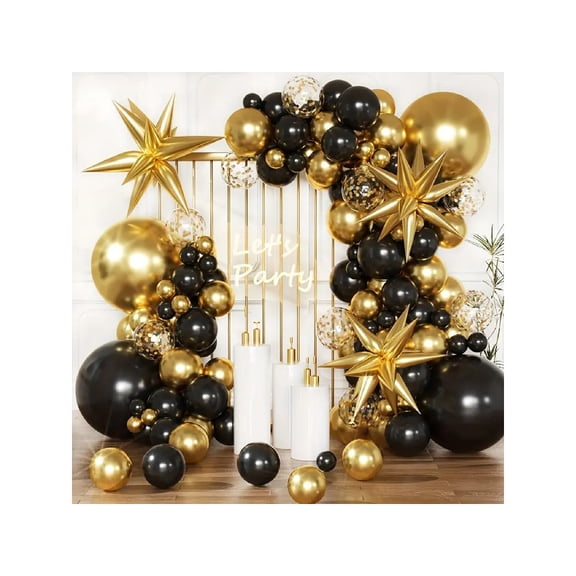 137Pcs Black & Gold Balloon Garland Arch Kit - Metallic Gold, Confetti & Starburst Foil Balloons for Birthday, Wedding & Graduation Party Decorations