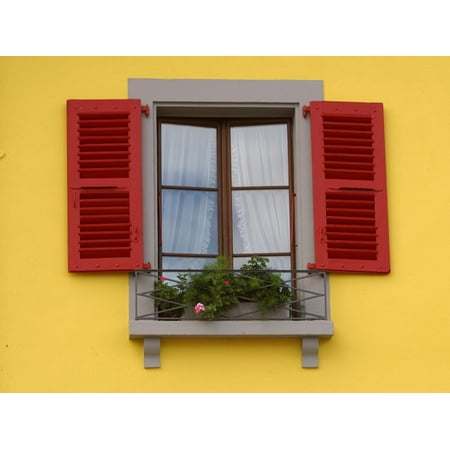 Shutters Window Boxes - A Yellow House and a Window with Red Shutters and a Flower Box Print Wall Art