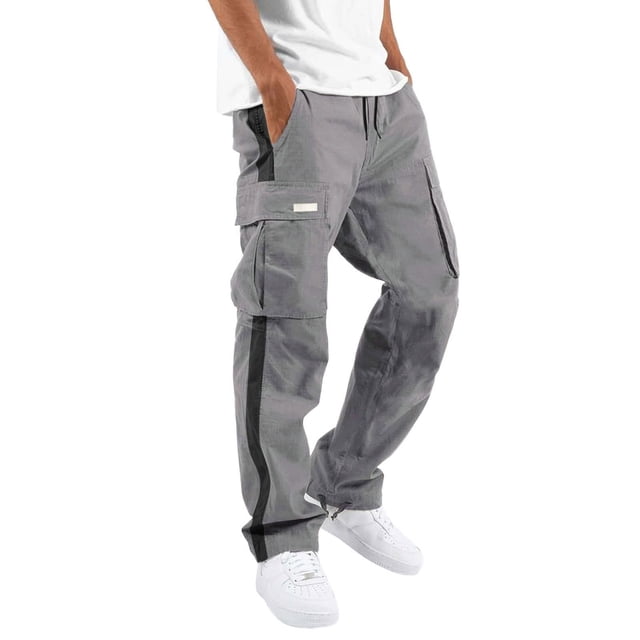 Men's Four Seasons Street Baggy Track Pants Men Leisure Sports Multi Pocket Clothes for Construction Work Foot Mouth Cap Rope Waist Lace Up Patchwork Ribbon Standard Woven Cargo Trousers