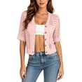 thumbnail image 5 of Sewkxo Women Summer Crochet Puff Short Sleeve Cardigan Lightweight Spring Cropped Button Up Beach Knit Sweater Tops,Pink L, 5 of 8