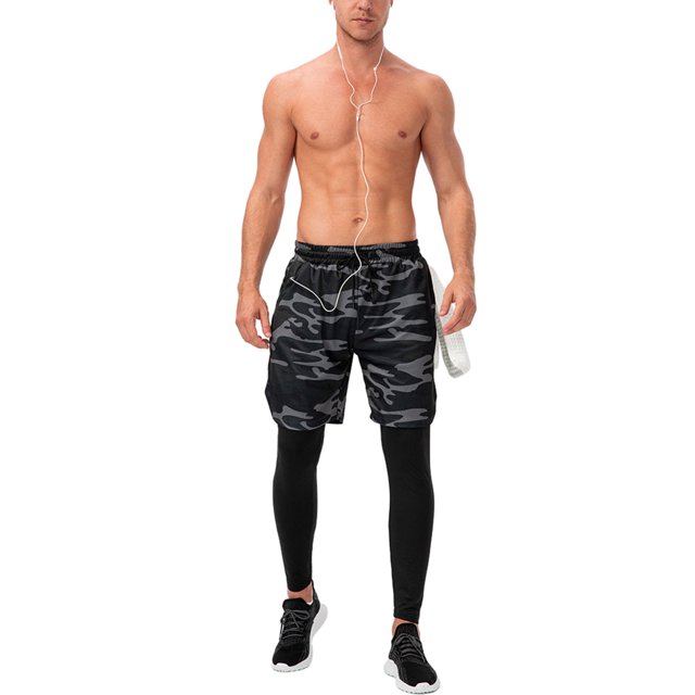 Mialoley Men's Fake Two-Piece Pants Double Layer Sports Trousers Athletic Stretch Workout Joggers Quick Dry Slim Run Sweatpants