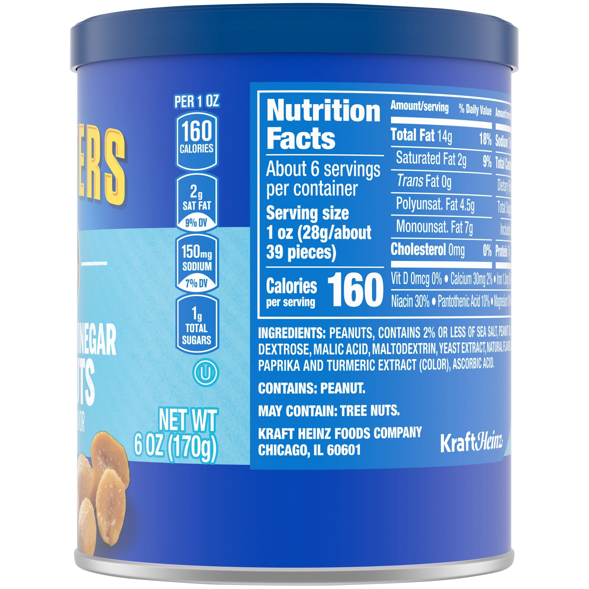 PLANTERS Sea Salt and Vinegar, Party Snacks, Plant Based Protein, 6 oz Canister
