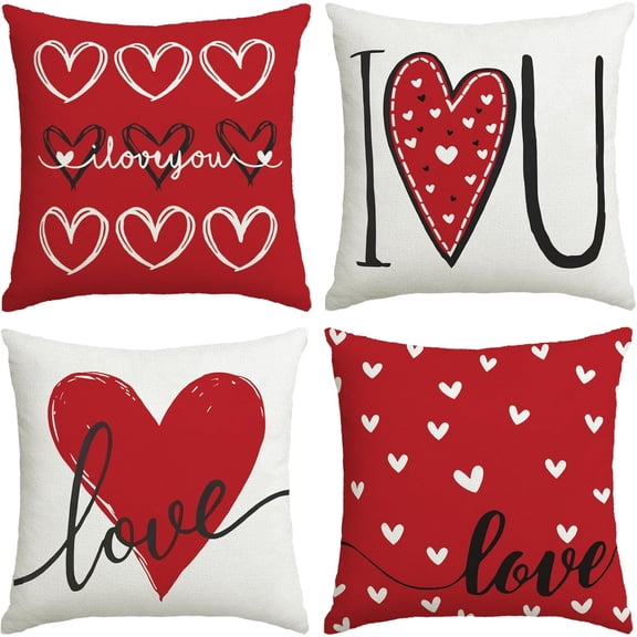 Valentines Day Decorations-Valentine Pillow Covers 18x18 Set of 4, Red Hearts I Love You Happy Valentine''s Day Throw Outdoor Pillow Covers Anniversary Wedding Cushion Case for Home Sofa Couch Decor