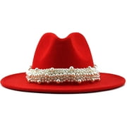 esafio Women's Vintage Pearl Band Fedora Hat Trendy Wide Brim Trilby Panama Hat,Red
