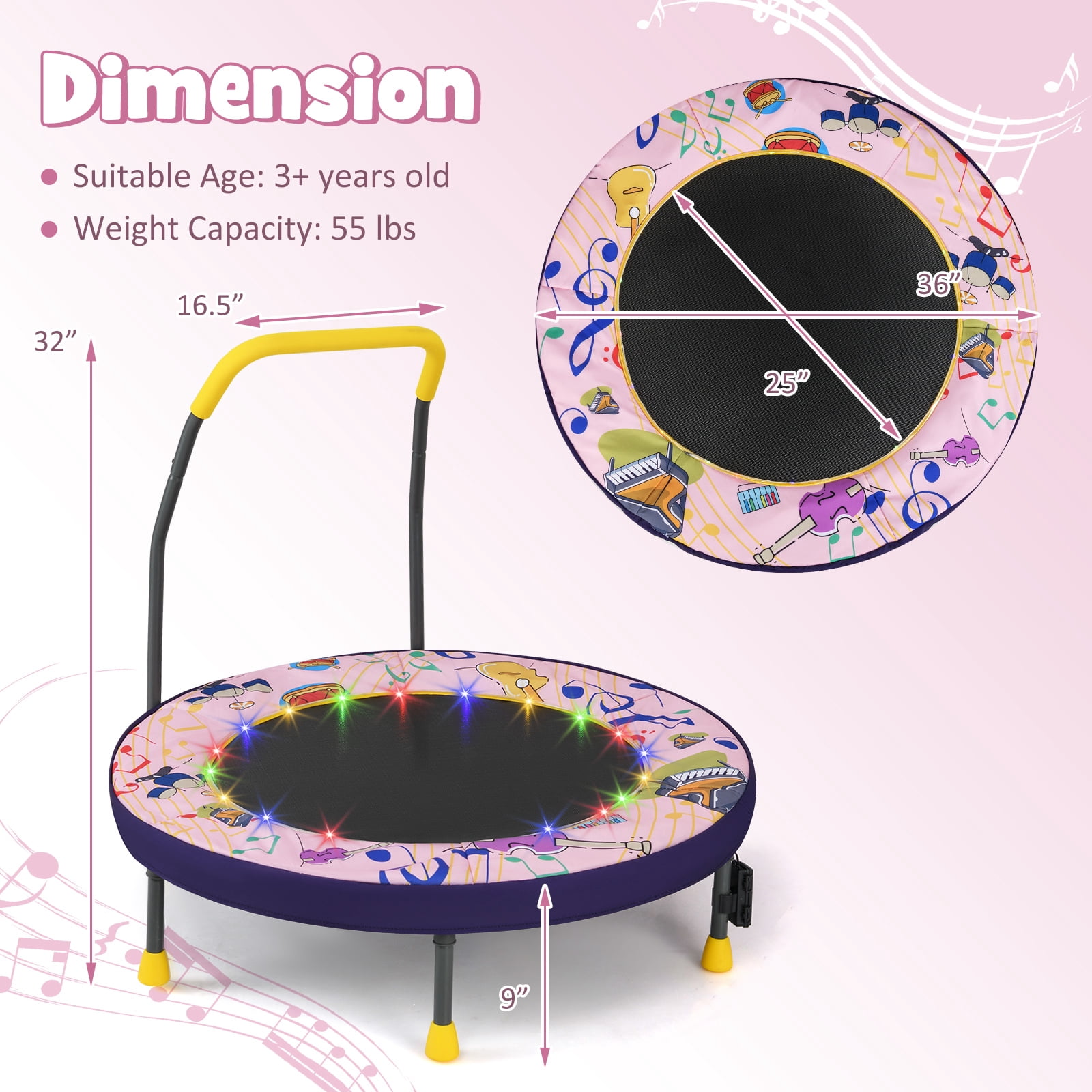 Gymax 36'' Foldable Kid Trampoline w/ 20 LED Lights Foam Handlebar Padded Safety Cover Pink