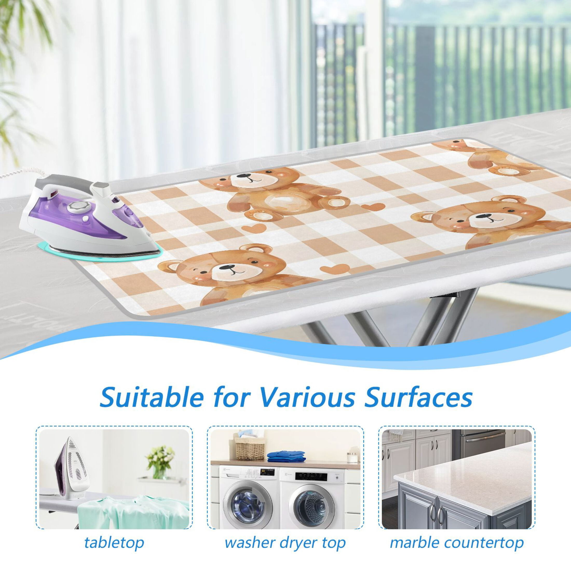 Cute Cartoon Bears with Hearts Ironing Mat Blanket Portable Travel Ironing Pad Heat Resistant Pad 47.2" x 27.6”