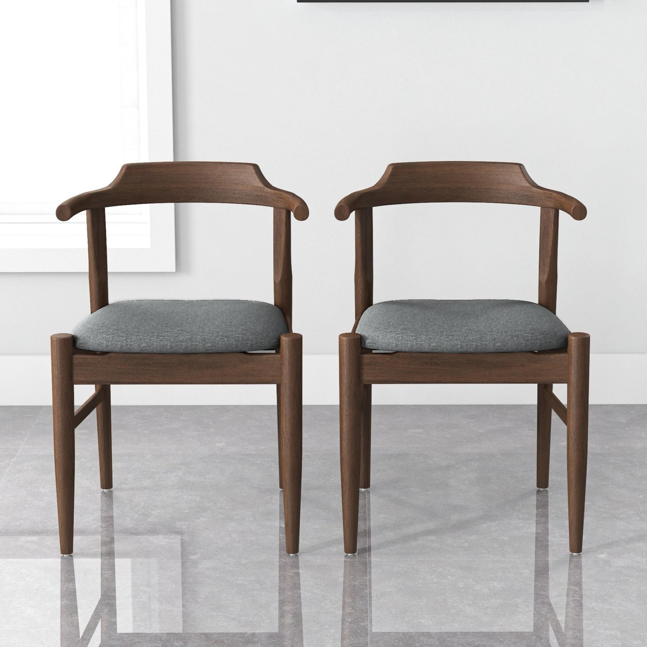 Noble House Ellery Leon Dining Chair Set, Mid-Century Modern Solid Wood Frame with Fabric Upholstery, Set of 2, Light Gray and Brown