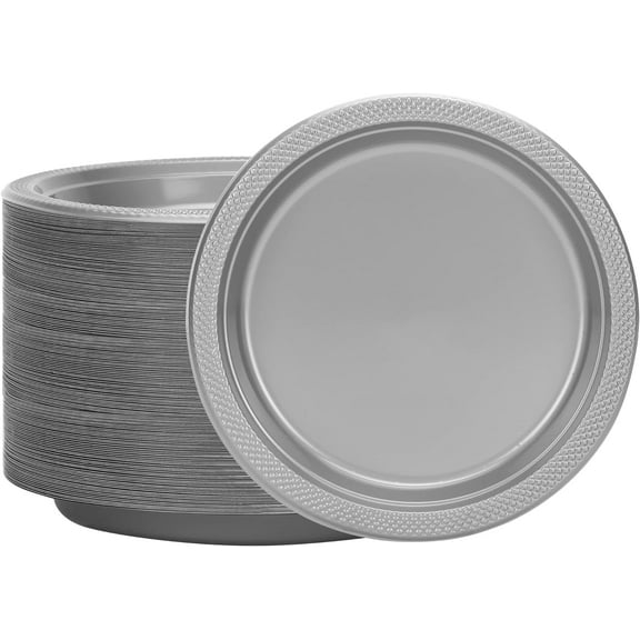 EcoQuality 8.5" inch Disposable Round Silver Dots Plastic Serving Plates, China Like Party Plates, Heavy Duty Dinner Serving Plate, Platter, Weddings, Baby Showers, Catering, Non Toxic (18)