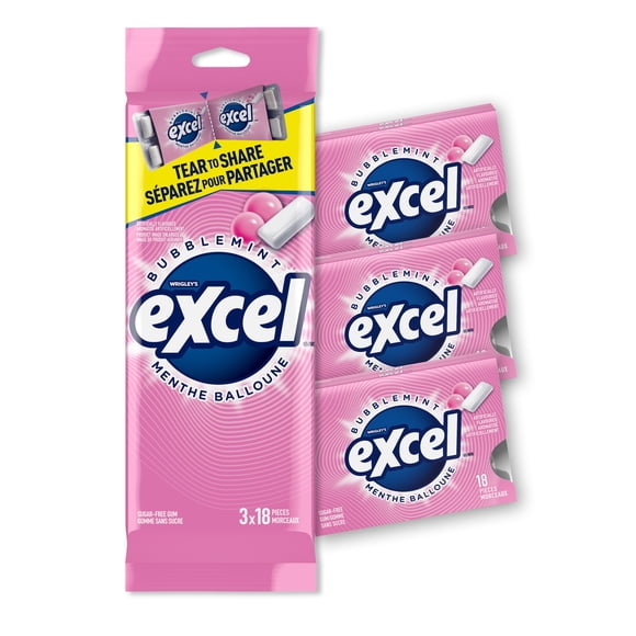 EXCEL, Menthe balloune, gomme à mâcher sans sucre, 18 morc., 3 emb.
