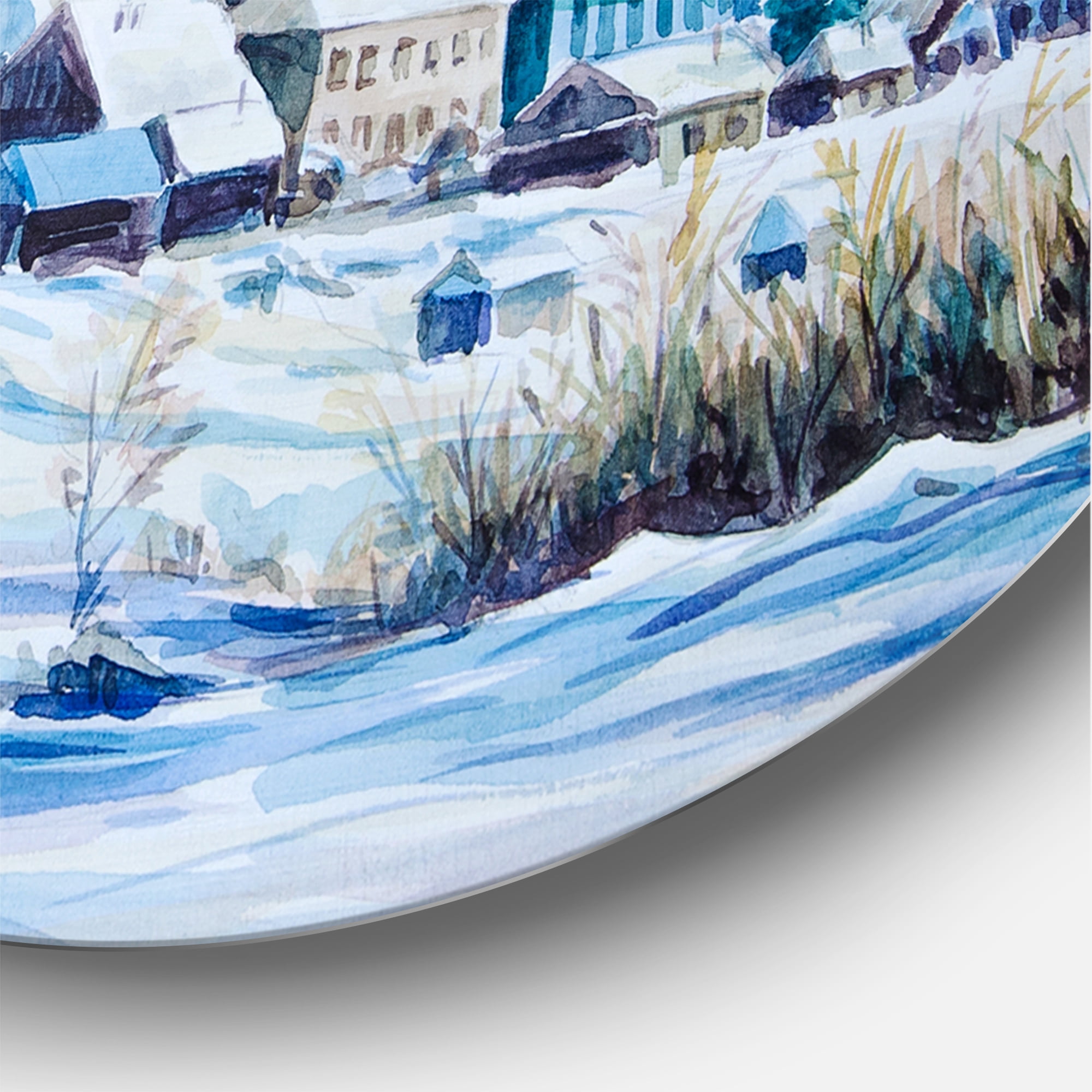 Designart 'Small Town Covered In Snow In Winter Times' Traditional Circle Metal Wall Art 36x36 - Disc of 36
