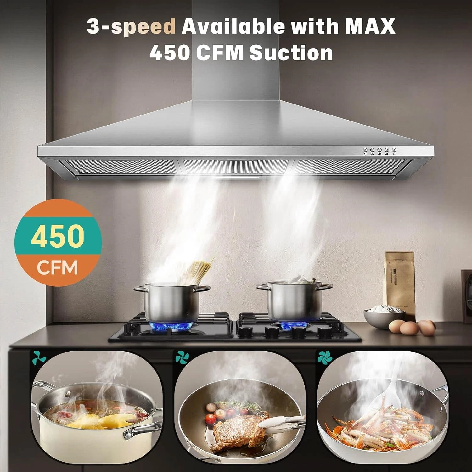 36 Inch Range Hood 450CFM Wall Mount Stainless Steel Kitchen Vent Hood Fan 3 Speed LED Light Chimney Hood Retractable