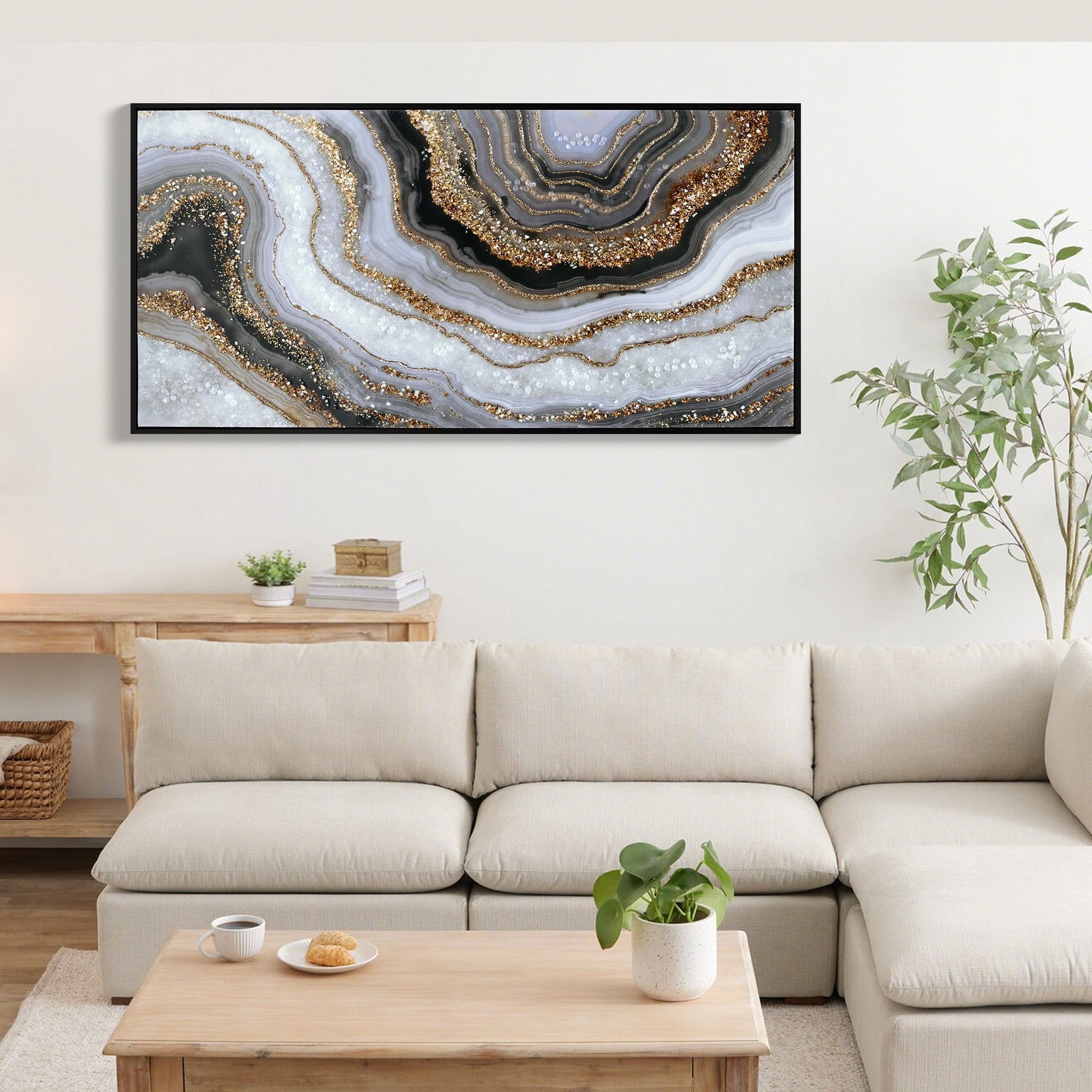 MOONMISS 20x40in Black Gold Abstract Painting Marble Texture Framed Canvas Wall Art Modern Minimalist Living Room Bedroom Decor