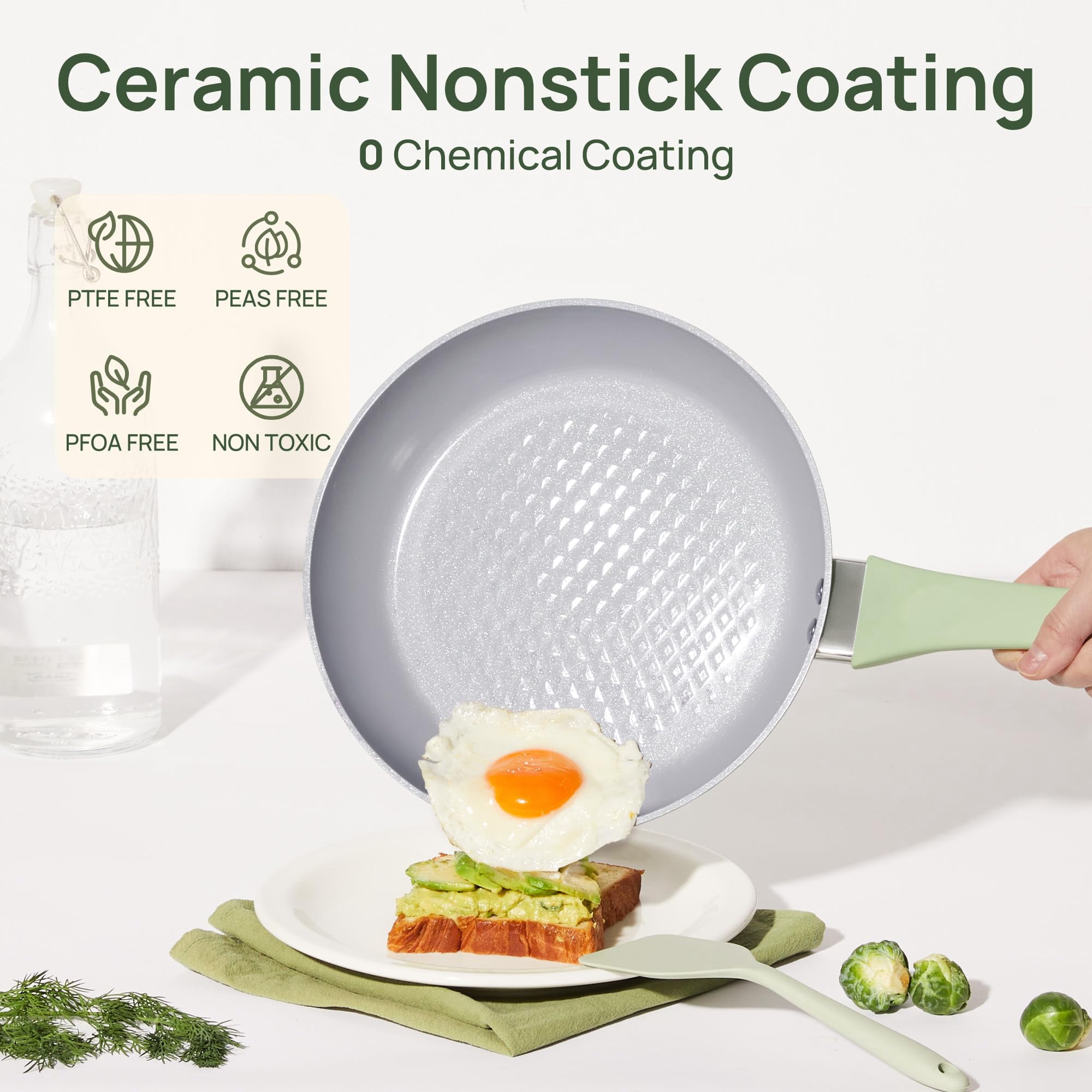 KITEXPERT Non Stick Frying Pan, 8" 9.5" 11" Ceramic Pan Set with Lid, Non Toxic Cooking Pan, Skillet for Induction Hob