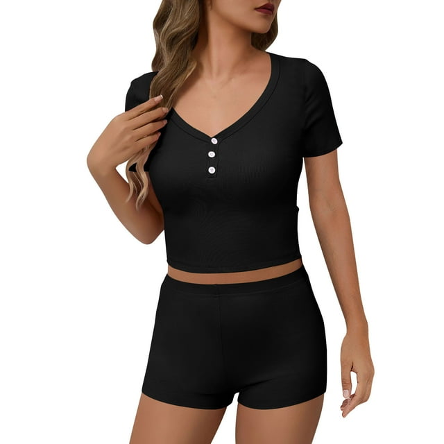 ShomPort Womens 2PC Matching Set Short Sleeve V-Neck Button T-Shirts High Waist Slim Shorts Smoothing Going Out Breathable Outfits