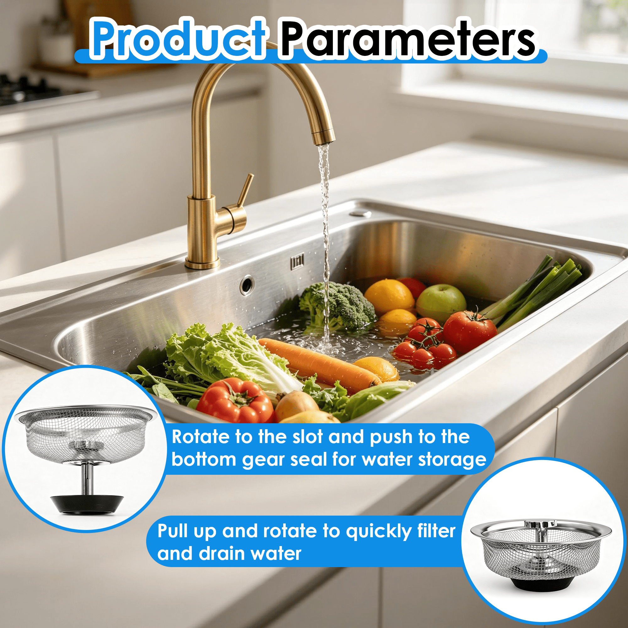 3 Pack Stainless Steel Sink Strainer with Stopper, Fine Mesh Kitchen Sink Drain Filter, Multi-Function Sink Drain Basket for Standard Kitchen Sink