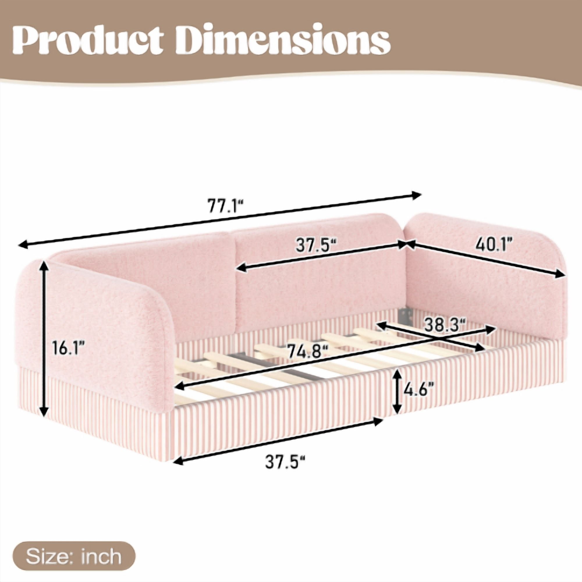 Twin Size Upholstered Teddy Fleece Floor Bed Frame, Half-Enclosed Montessori Low Profile Platform Bed with Full-Perimeter Guardrails for Kids, Pink