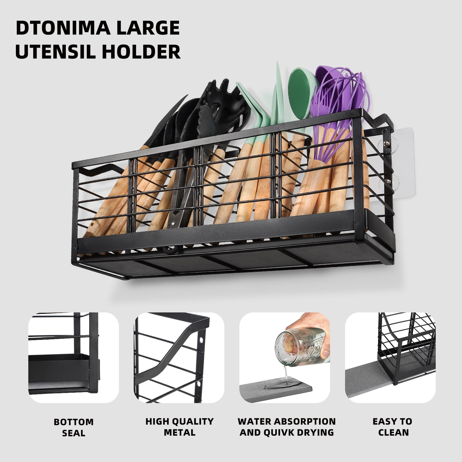 Large Utensil Holder for Kitchen Counter:Kitchen Cooking Utensil Holder Organizer with Diatomaceous Earth Base Matte Black (4 Compartments)