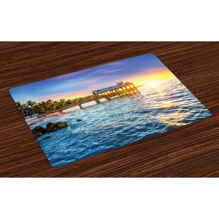 Tropical Fabrics Key West United States Placemats Set of 4 Pier at Beach in Key West Florida USA Tropical Summer Paradise, Washable Fabric Place Mats for Dining Room Kitchen Table Decor,Pale Blue Yellow Green, by Ambesonne ()