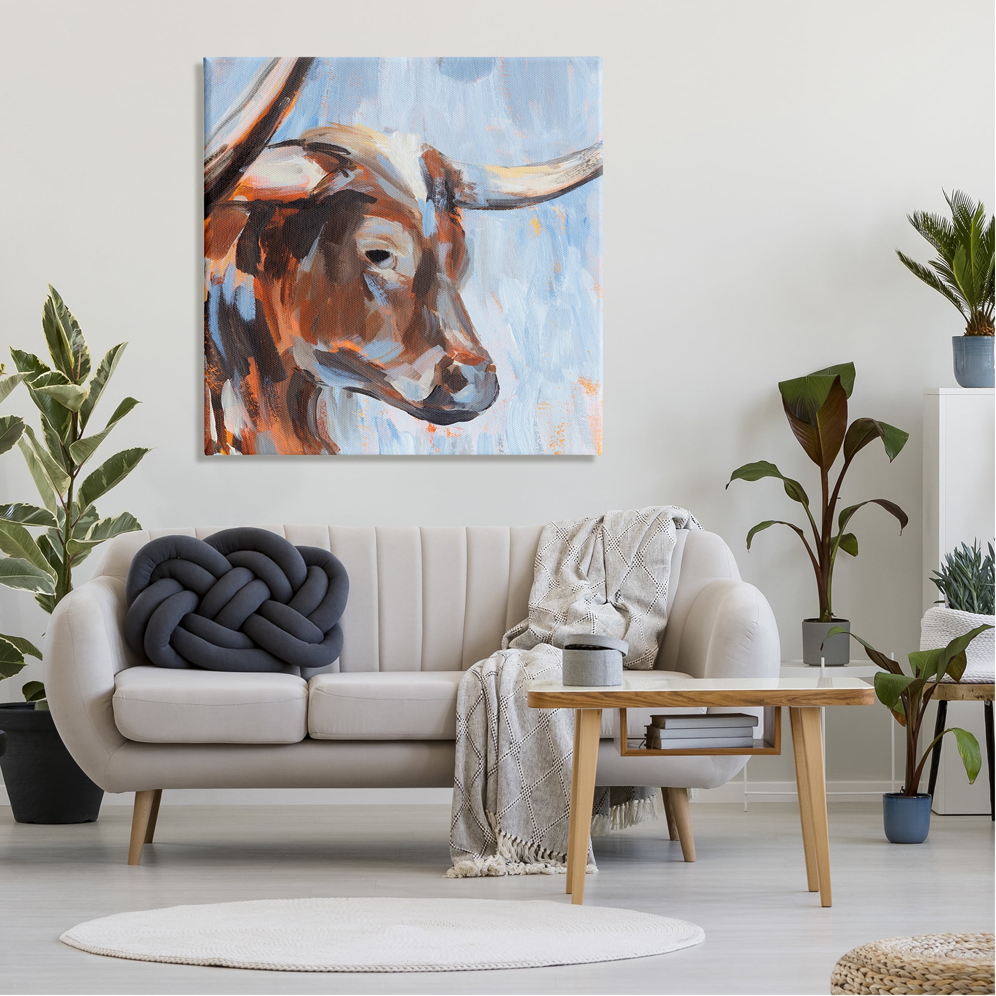 Stupell Industries Blue Longhorn Cattle Portrait Animals & Insects Painting Gallery Wrapped Canvas Print Wall Art, 36 x 36