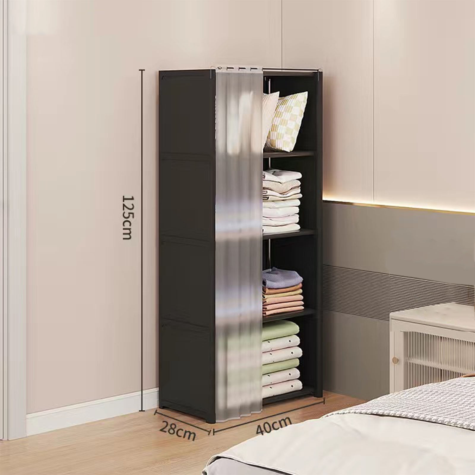 4-Tier Wardrobe Closet with Zippered Dust-Proof Curtain, Fabric Storage Organizer for Bedroom, Heavy Duty Closet Organizer with Shelves, Easy Assembly Standing Wardrobe Cabinet for Clothes