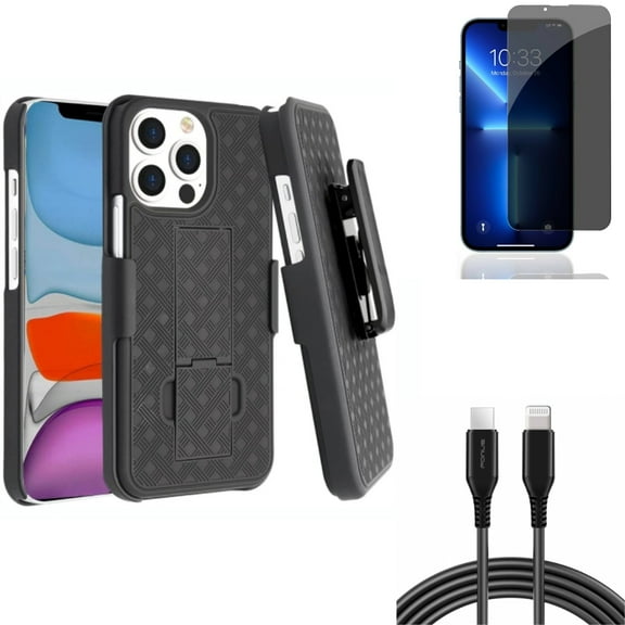 Case Belt Clip & Privacy Screen Protector & 10ft PD Cable for iPhone 13 Pro ONLY - Holster Swivel Cover   Tempered Glass Curved Anti-Spy   USB-C Fast Charger Long Combo