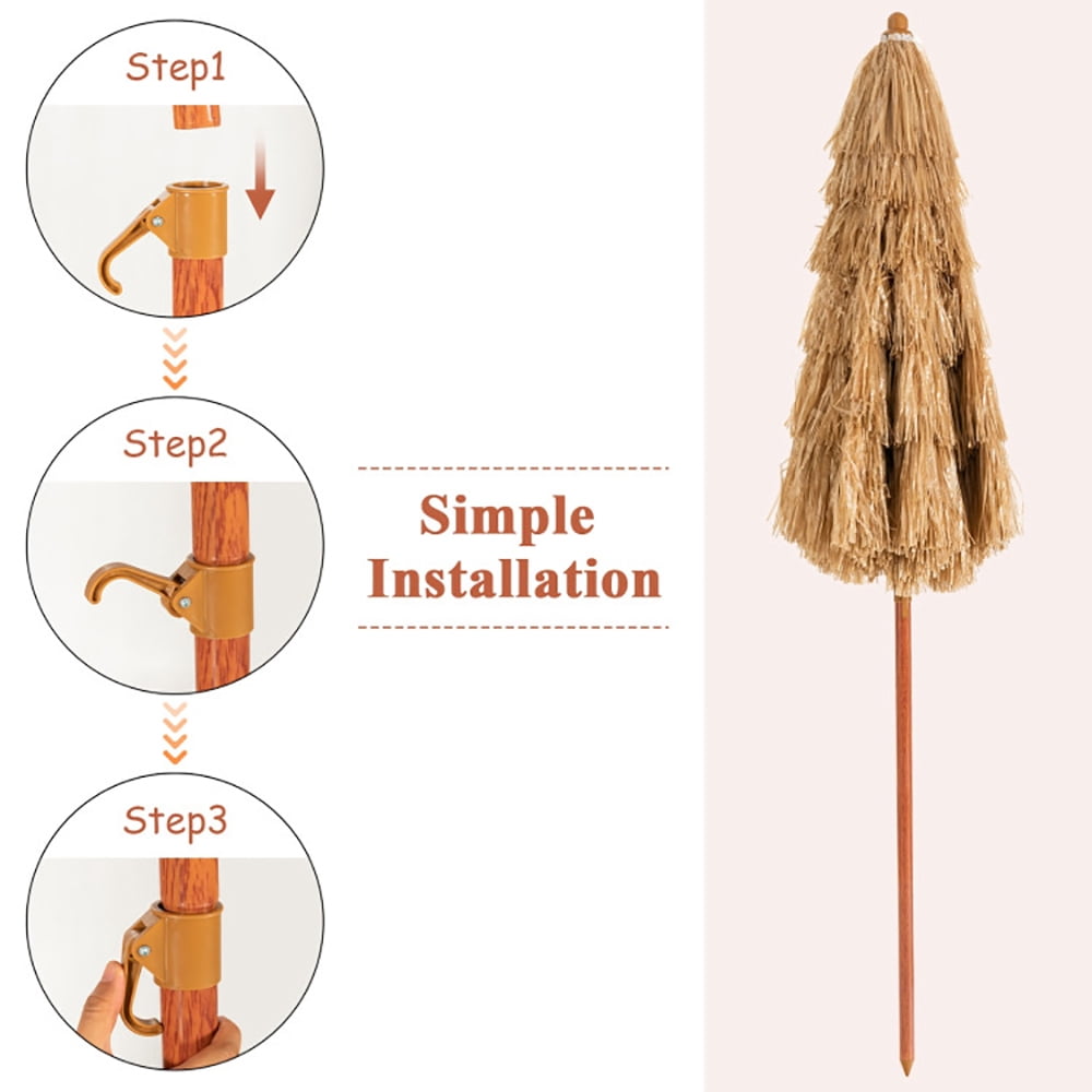 Resenkos 6.5 Feet Portable Thatched Tiki Beach Umbrella with Adjustable Tilt, Patio Offset Umbrella with Easy Tilt Adjustment, Outdoor Hanging Umbrella, Sunshade Umbrella Canopy