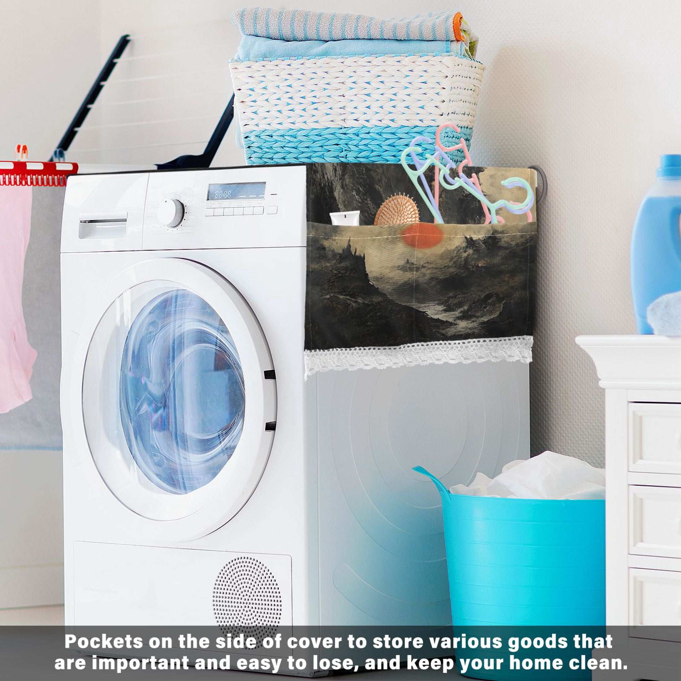SundownWasher and Dryer Covers Dust-Proof and Oil Resistant Fridge Cover with 4 Storage Pockets Washing Machine Top Cover for Laundry Kitchen Home 51.2 x 22 In