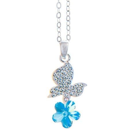 Rhodium Plated Necklace with Butterfly Alighting on a Flower Design with a 16 Extendable Chain and High Quality Blue Crystals by Matashi